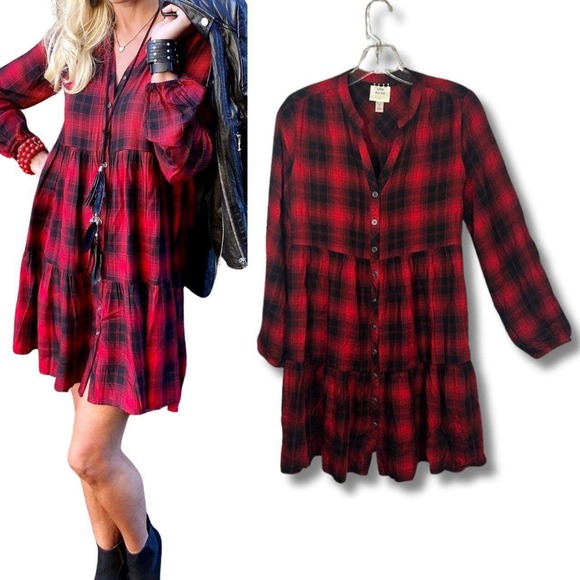 Knox Rose Dresses & Skirts - Knox Rose Small Red Black Boho Dress Tunic Buffalo Plaid Festive Christmas Cabin